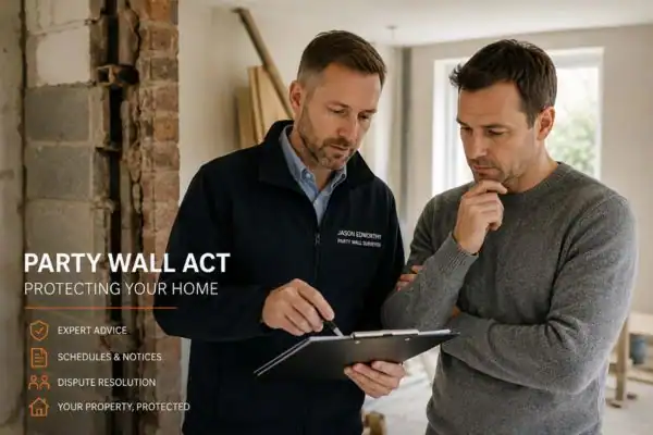 Party wall surveyor Dorchester discussing extension plans with homeowner outside a UK semi-detached house.